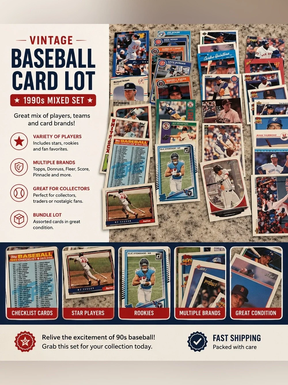 30+ MLB 1990+ Multi-Team Baseball Cards - Blue, Red, White
